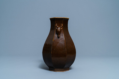 A Chinese monochrome brown-glazed octagonal 'deer head' vase, Qianlong mark and period